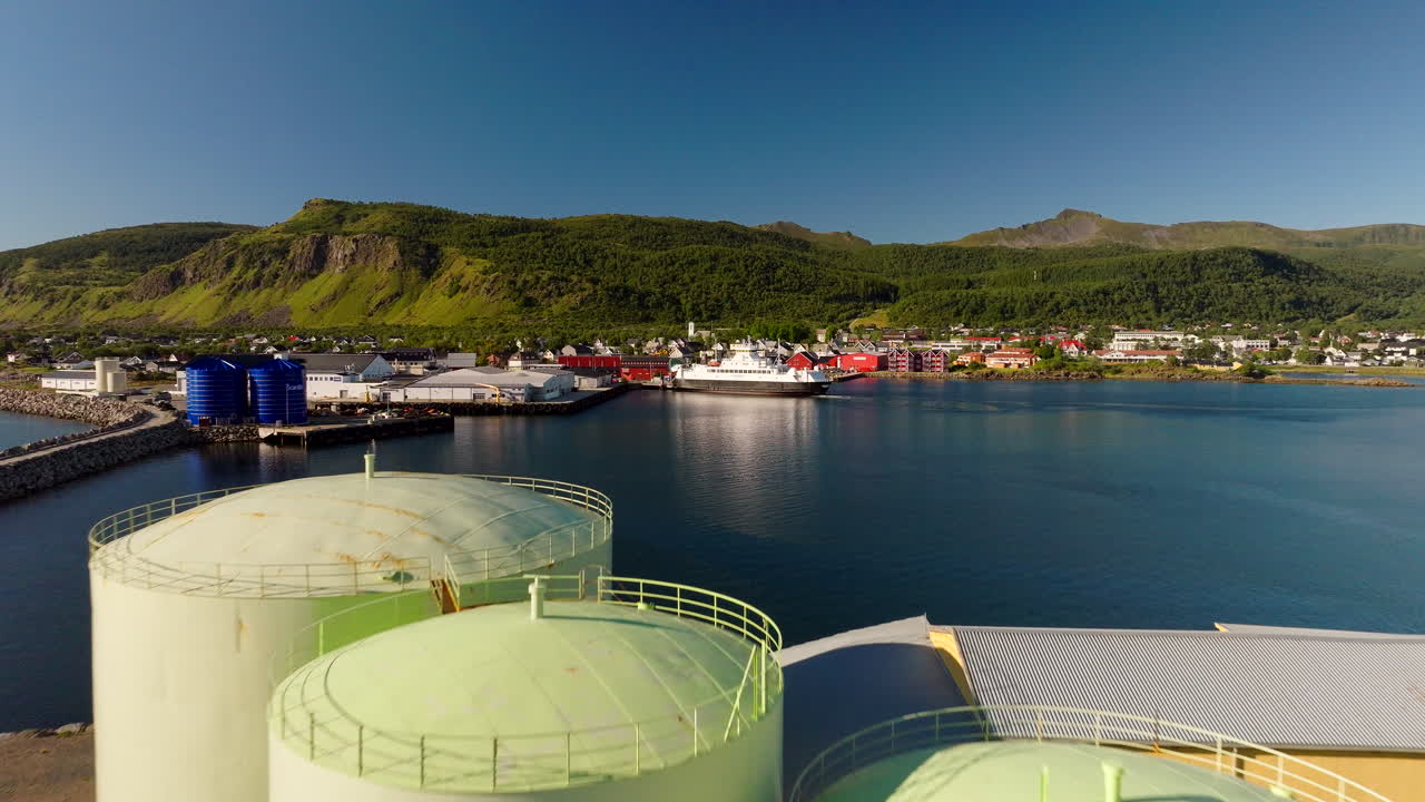 Silo For Fish Farm In Melbu Town, Lofoten Island, Norway. - aerial shot