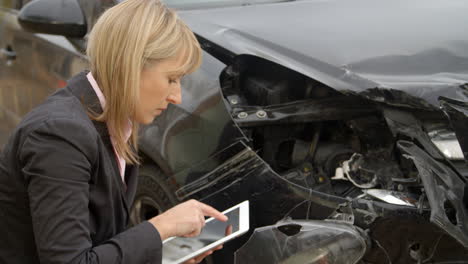 ajustador de pérdidas con tableta digital inspeccionando un coche dañado