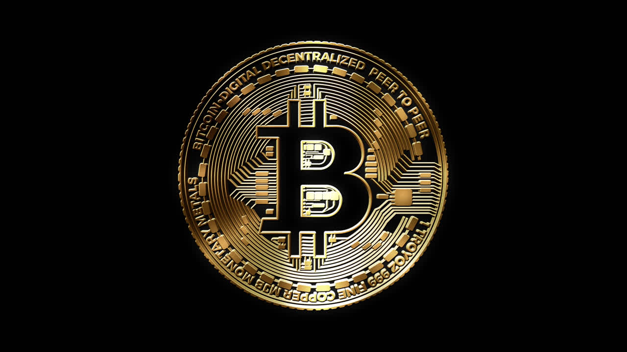 Moneta Bitcoin 3D dorata che ruota su sfondo nero