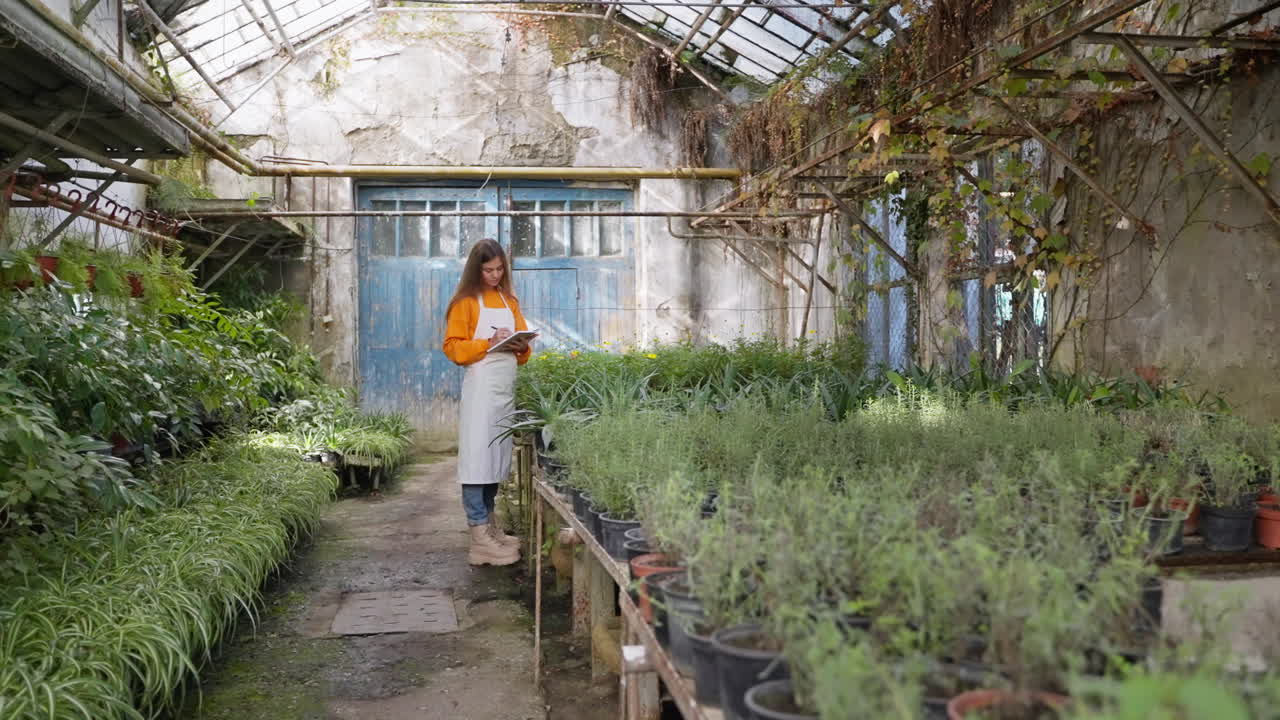 여자 정원사 는 오래된 온실 에서 재고 를 기록 하고 있다