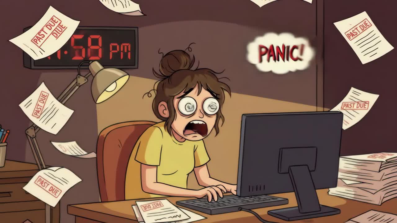 Stressed Cartoon Woman Panicking Over Work Deadlines at Night