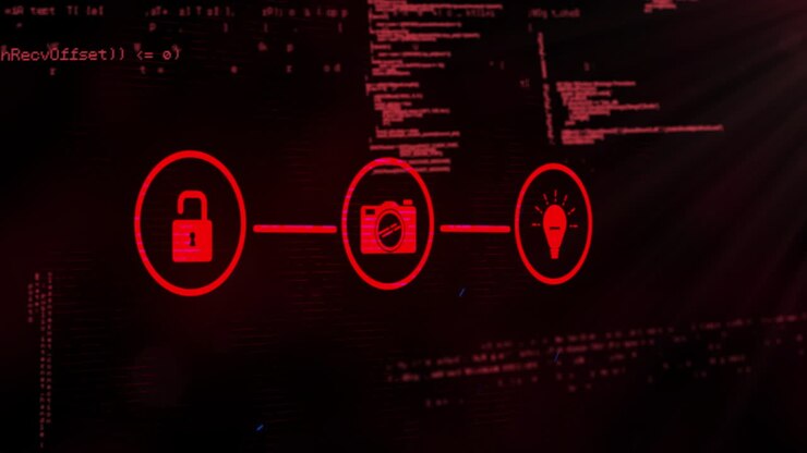 Animation of network of connections with icons over data processing on black background