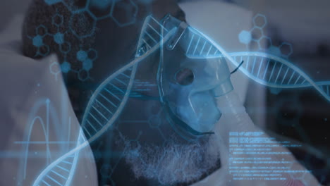 cadenas de adn y animación de datos médicos sobre el paciente que lleva una máscara de oxígeno