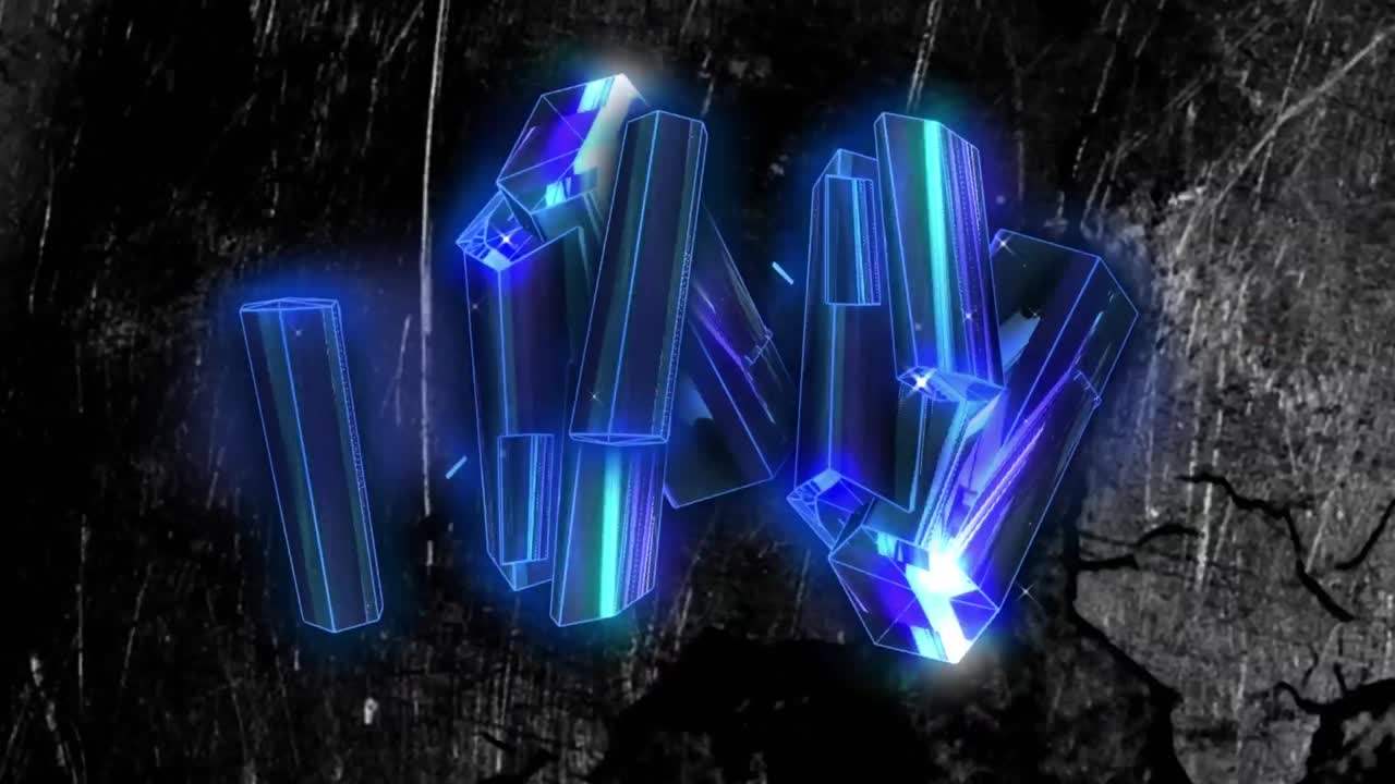 나무 곡물과 나무 실루을 변화시키는 파란색 금속 모양의 클러스터의 애니메이션