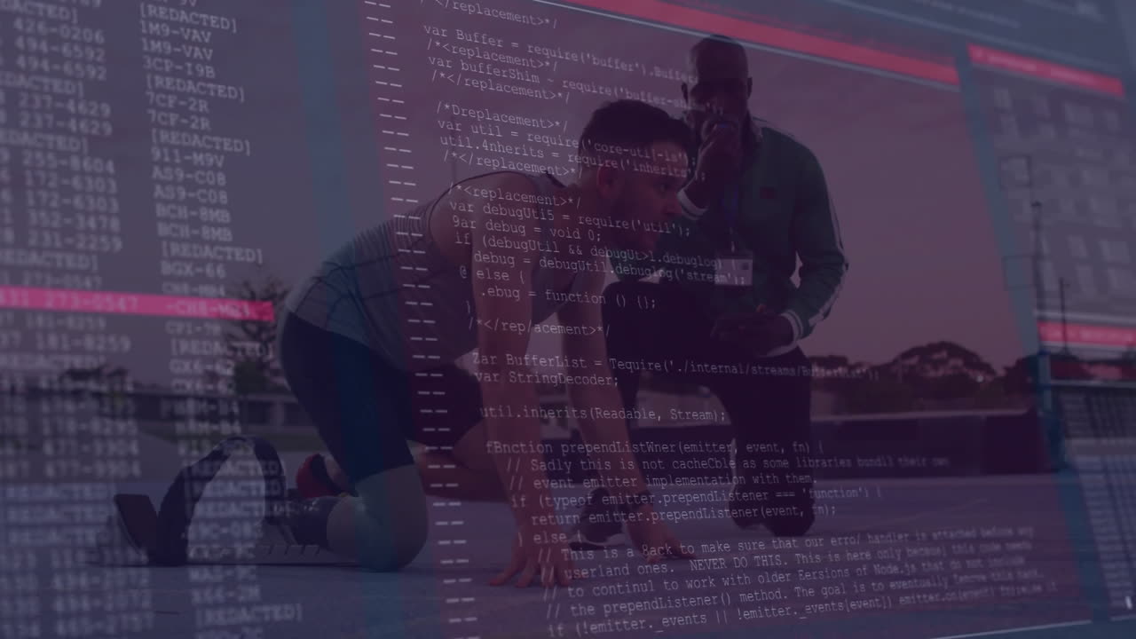 male athlete kneeling adjusting shoe on sports court, coach guiding with technology code overlaying