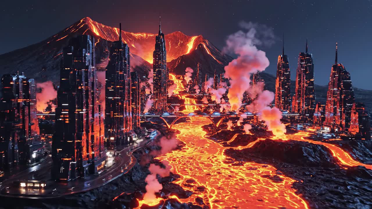 Futuristic City with Lava Flowing Through It