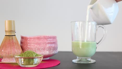 Person-adding-milk-to-glass-with-matcha