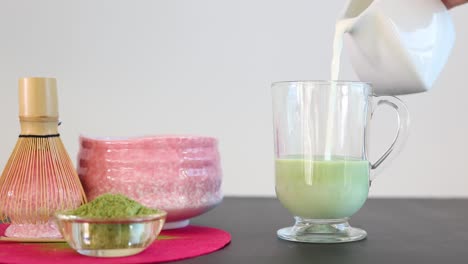persona añadiendo leche al vaso con matcha