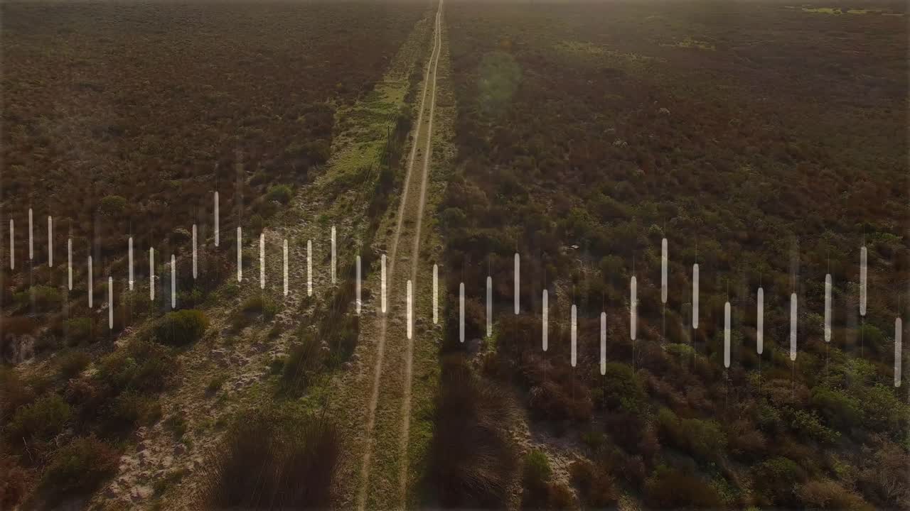 Drone gliding over dirt track as bars appearing converting into pulsing chart showing data trends