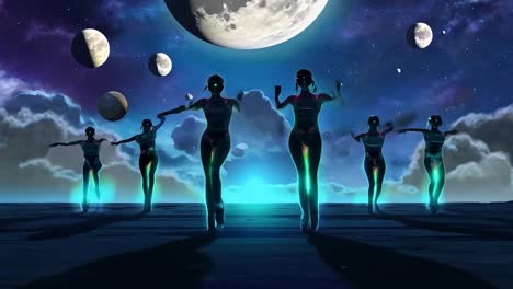 silhouettes of women dancing under a starry sky with many moons