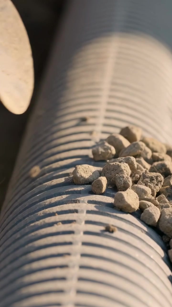 Vertical video: Lowering metal trowel scraping pellets into ribbed PVC pipe in yard, forming pile