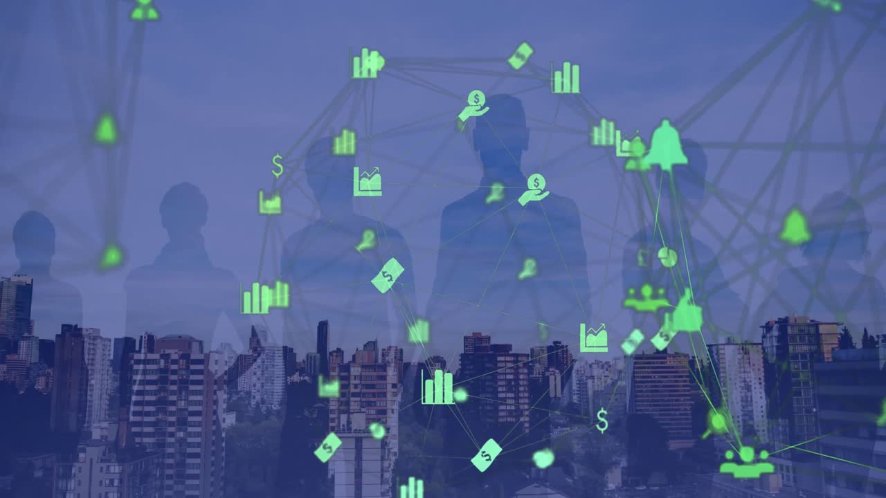 Animation of network of connections with icons over cityscape
