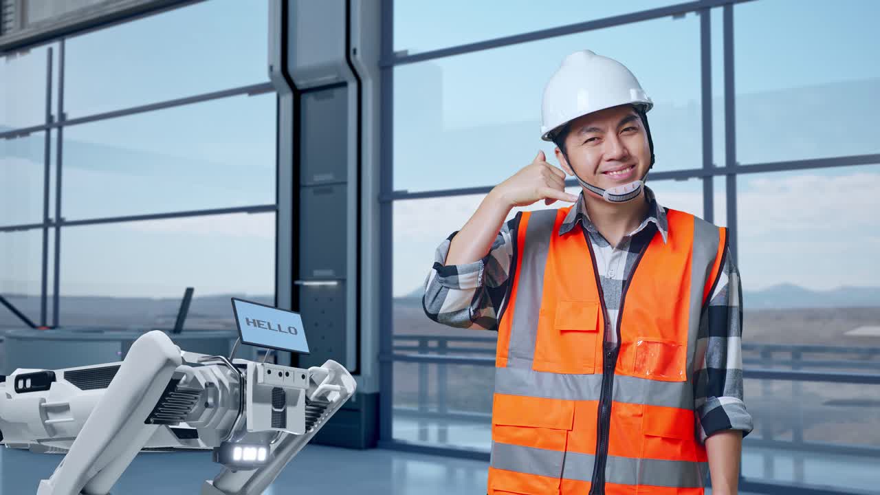 Ingeniero Asiático con Casco de Seguridad de Pie en Fábrica de Alta Tecnología, Analizando Concepto de Máquina Robótica. Sonriendo a la Cámara y Haciendo el Gesto de 'Llámame'