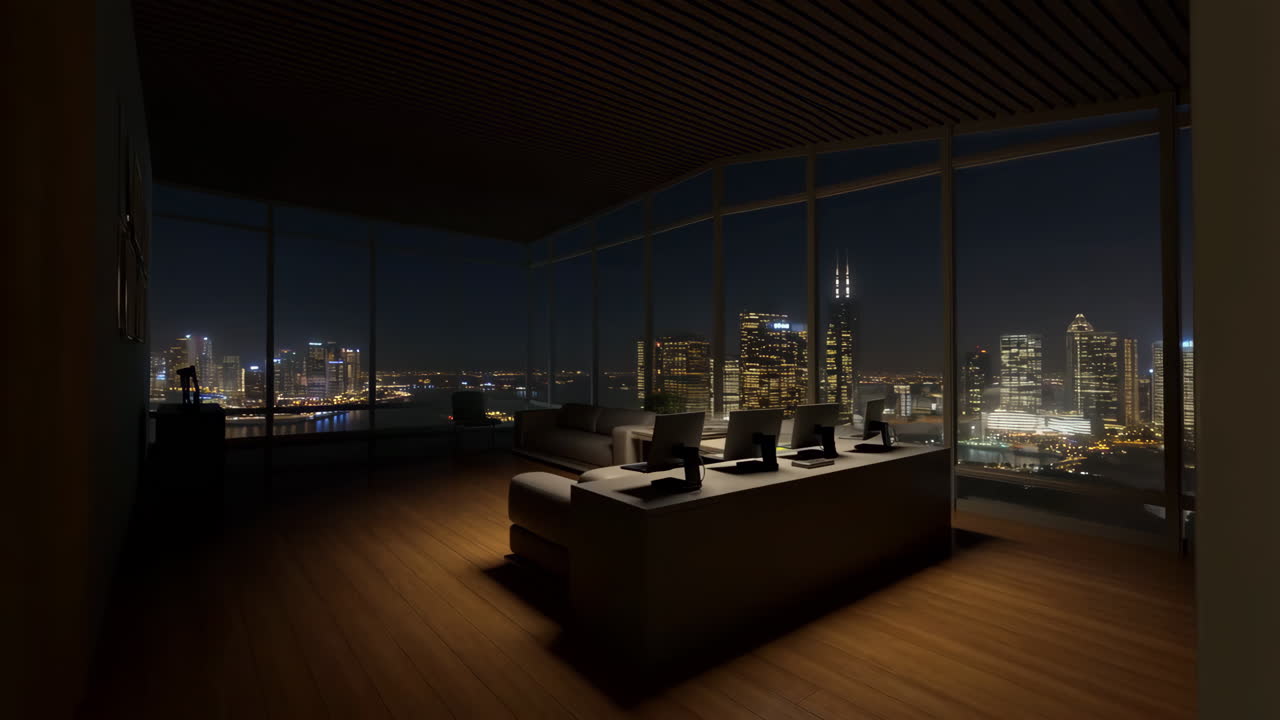 Modern Office Interior with City Skyline View at Night | Premium Stock ...