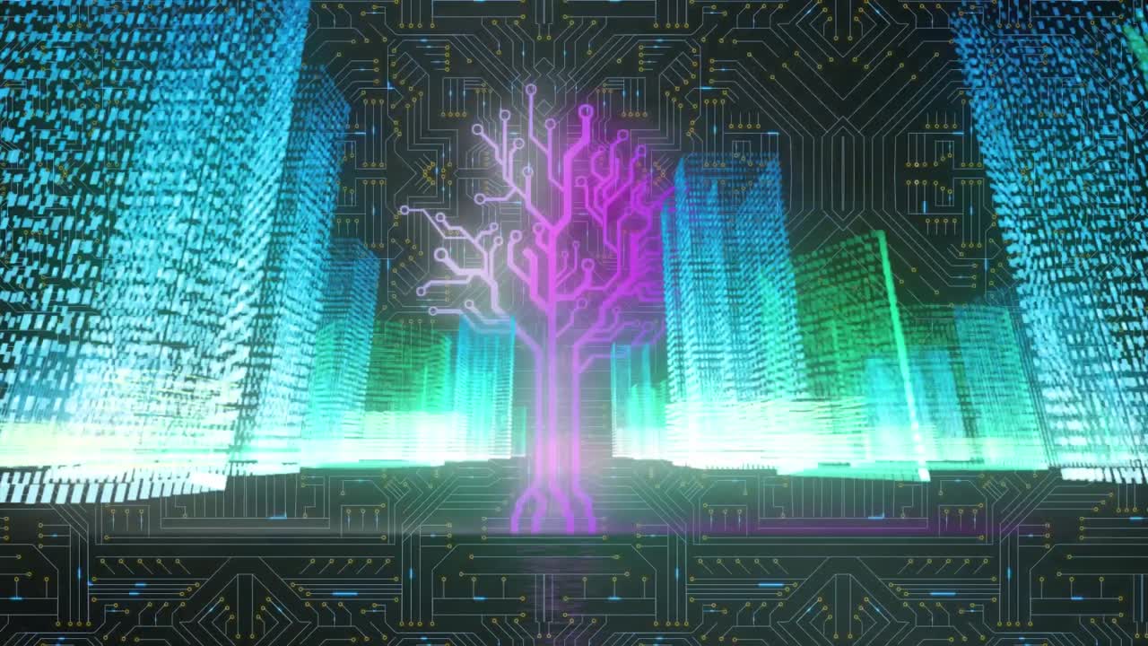 Animation of circuit board pattern forming tree, 3d structure of buildings over abstract background