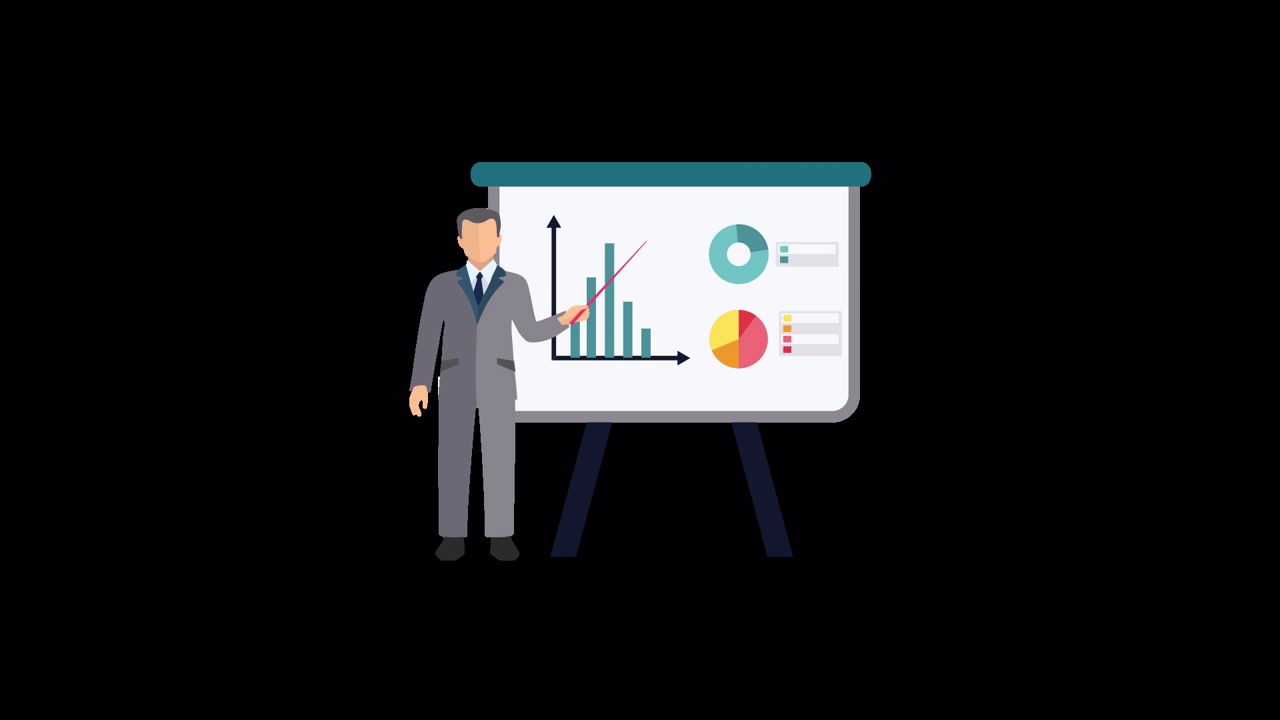 Animated Businessman Presenting Data Charts on a Whiteboard