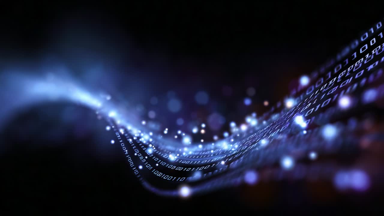 A Stunning Visual Representation of Data Flow and Digital Information, Featuring a Dynamic Wave of Binary Code and Glimmering Particles Against a Dark Background, Symbolizing Technology and Connectivity