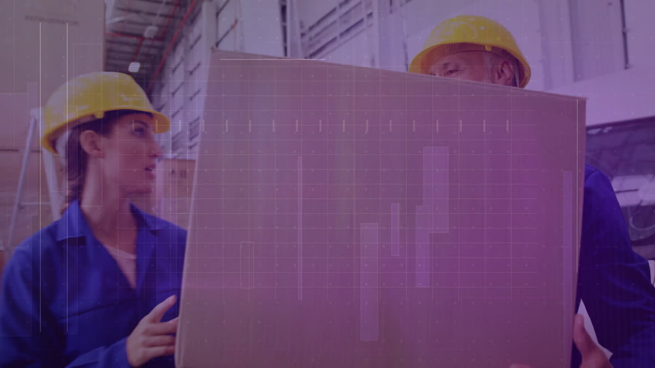Workers in hard hats carrying box with data processing animation overlay