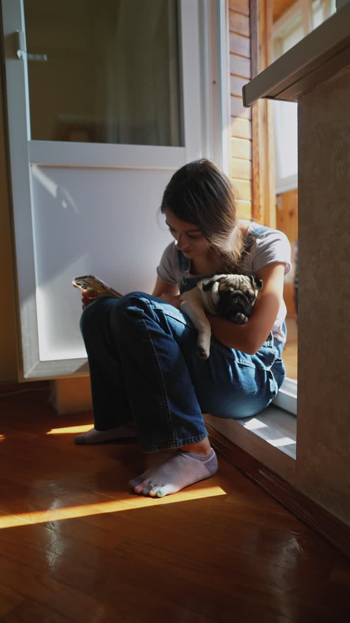 adolescente y pug en casa