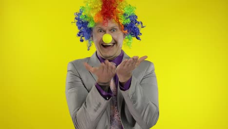el payaso empresario empresario jefe en peluca recibe dinero. ganancias haciendo ganancias