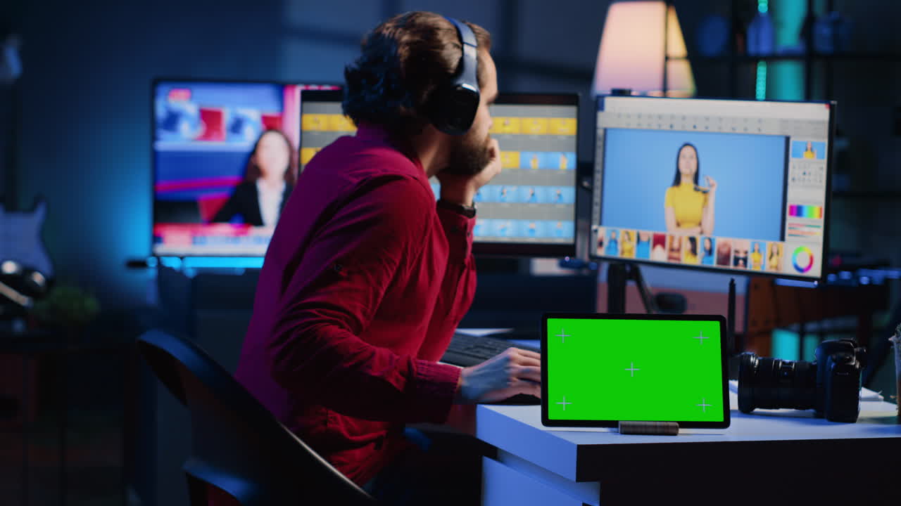 freelancer navegando imágenes en una maqueta de pc en una agencia de medios