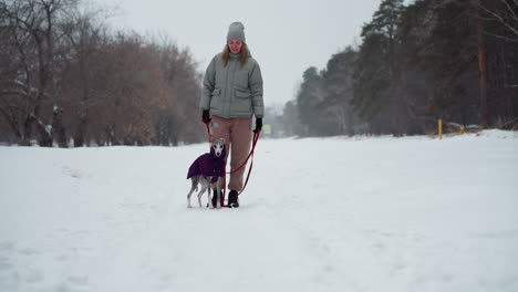 woman smiling while walking with dog on snowy forest trail, holding red leash as dog in purple coat looks ahead. overcast sky and bare trees line serene winter landscape in cold, peaceful atmosphere