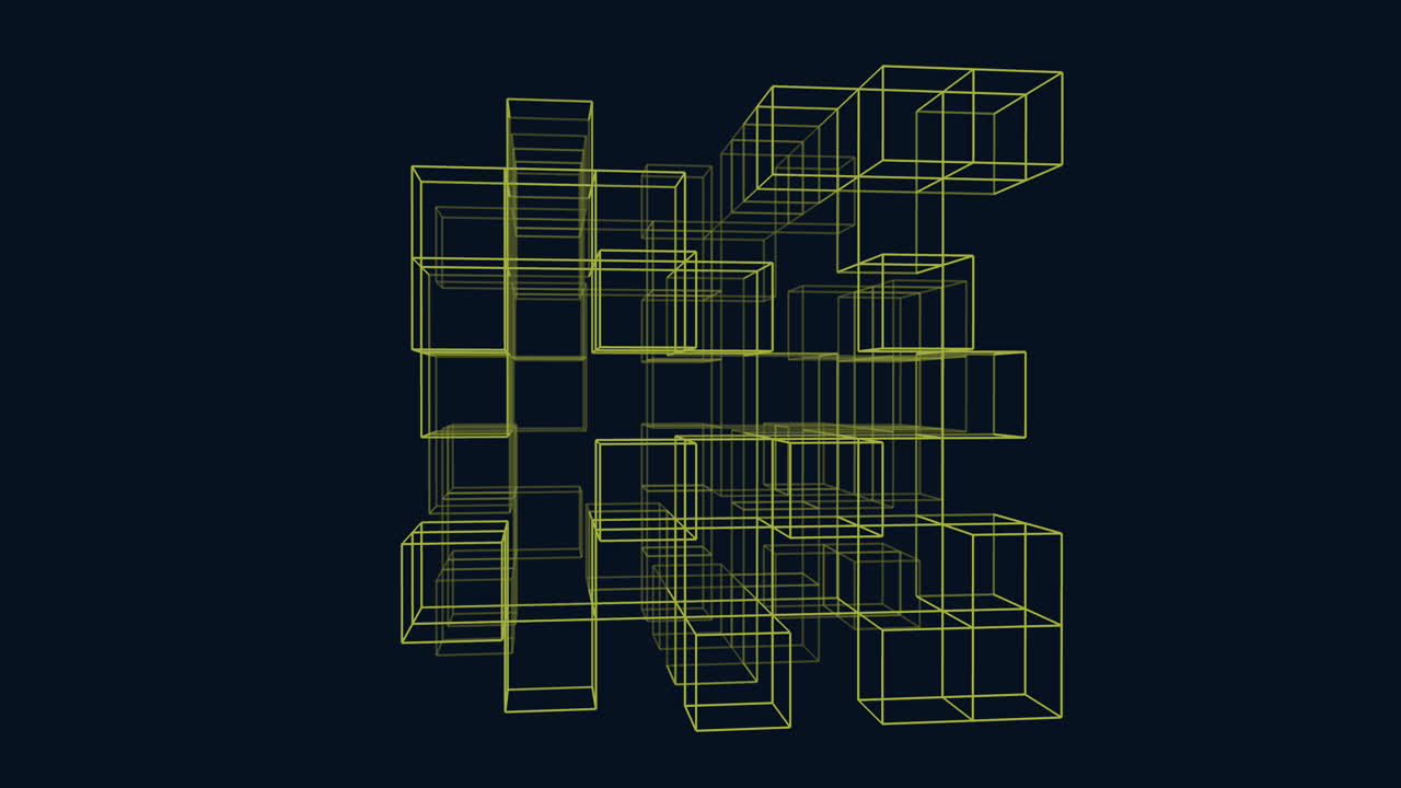 Futuristic 3D wireframe boxes and cubes forming a geometric grid in motion on a dark background, ideal for technology, data network, and digital interface visuals