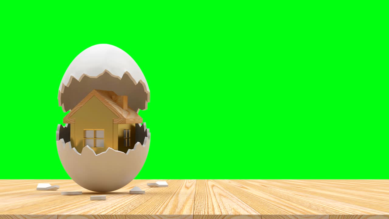 3d-анимация иконы дома при открытии сломанного яйца на зеленом экране.