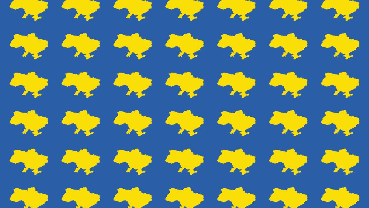 Yellow Ukraine country map animated pattern on a blue background. Simple politic motion graphic seamless loop background