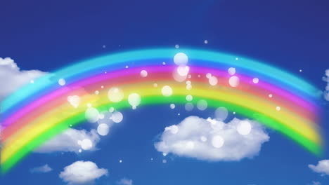 animation of rainbow with white flickering spots over blue sky and clouds