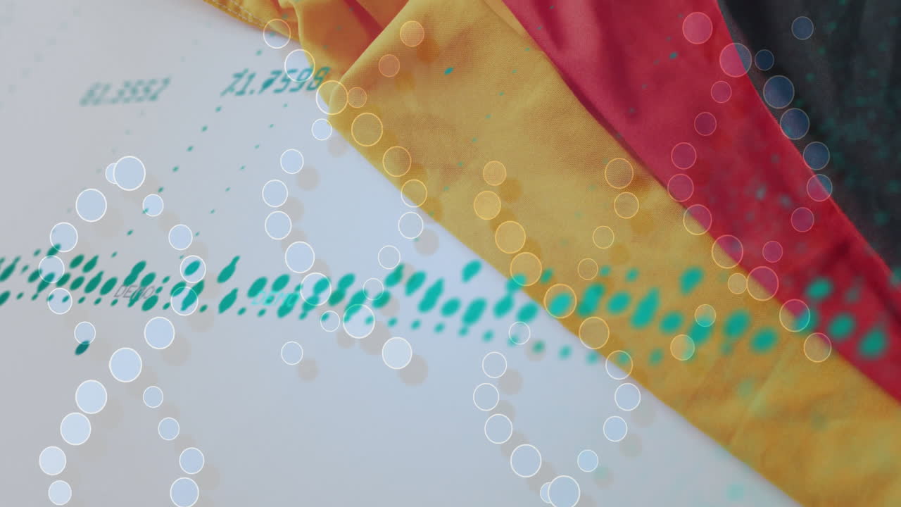 Floating numbers and circular patterns creating dynamic animation on colorful fabric