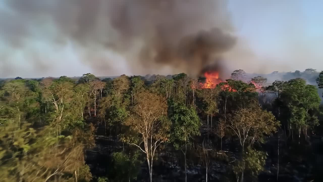 Wildfire Spreads Rapidly in Dense Forest During Dry Season at Sunset