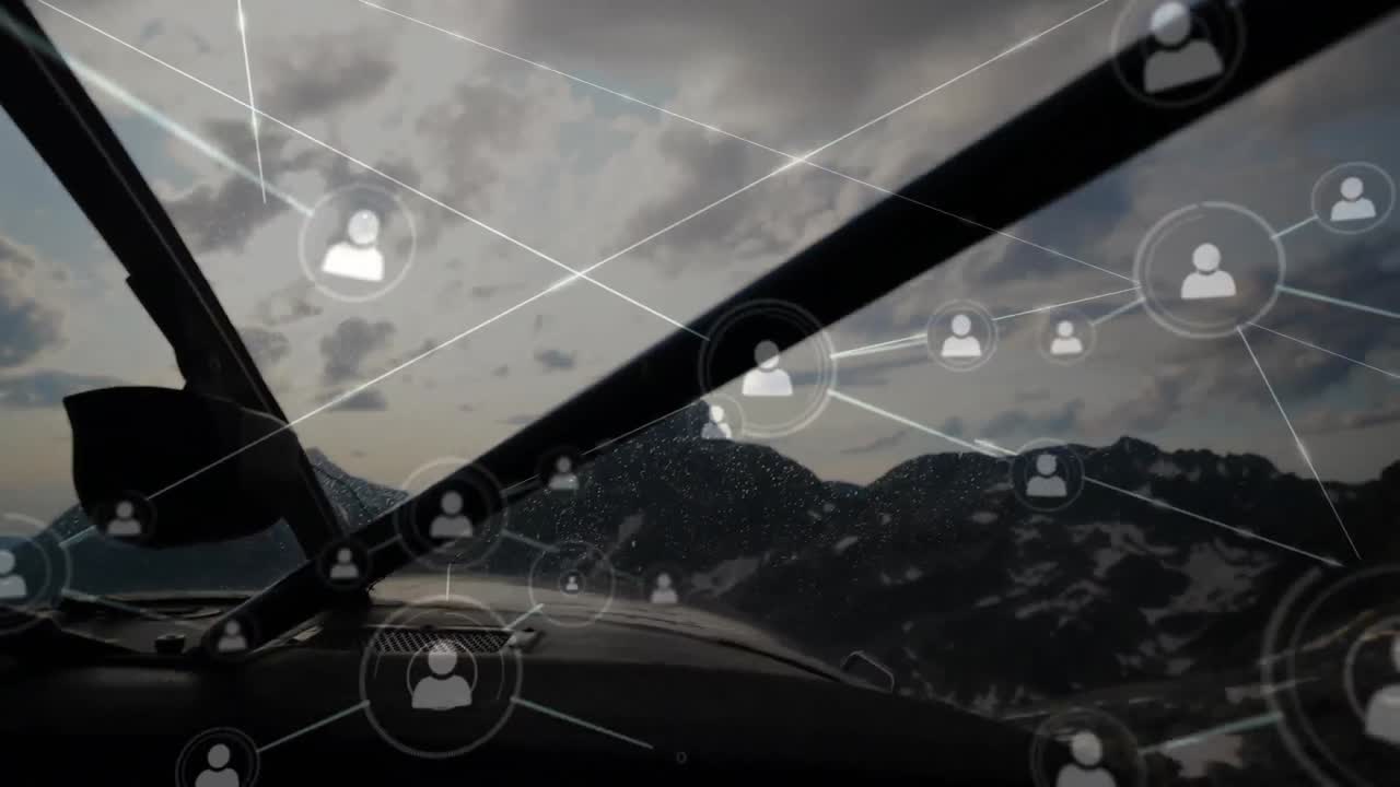 비행하는 비행기 위의 연결 네트워크의 애니메이션