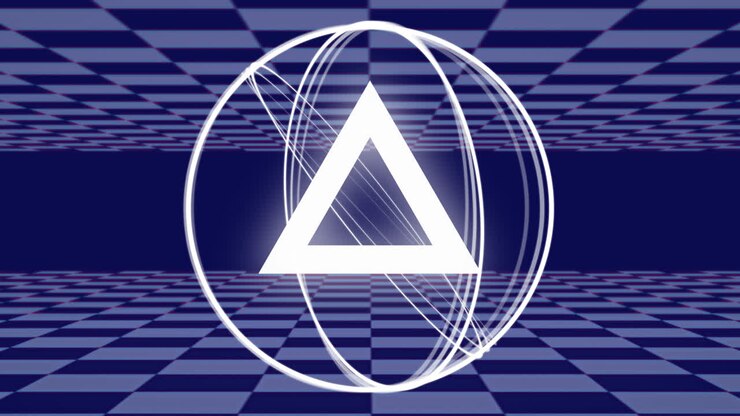 Triangolo bianco e anelli rotanti con quadrati a scacchiera grigi che si muovono nella parte superiore e inferiore di uno sfondo grigio