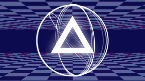 white triangle and spinning rings with gray checkerboard squares moving at top and bottom of gray ba