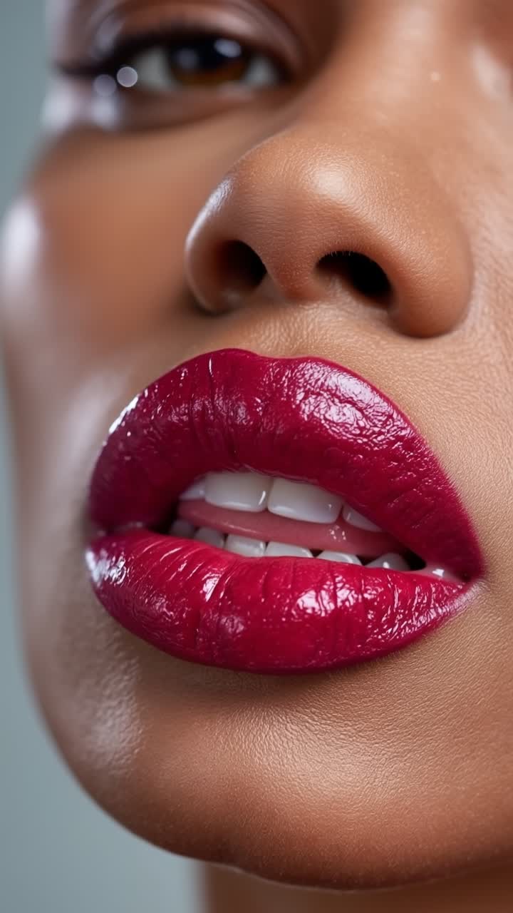 Primo piano estremo di labbra femminili con rossetto lucido rosso scuro magenta e denti bianchi.