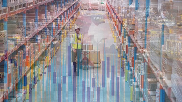 Animazione di elaborazione dati con un uomo che lavora in magazzino.