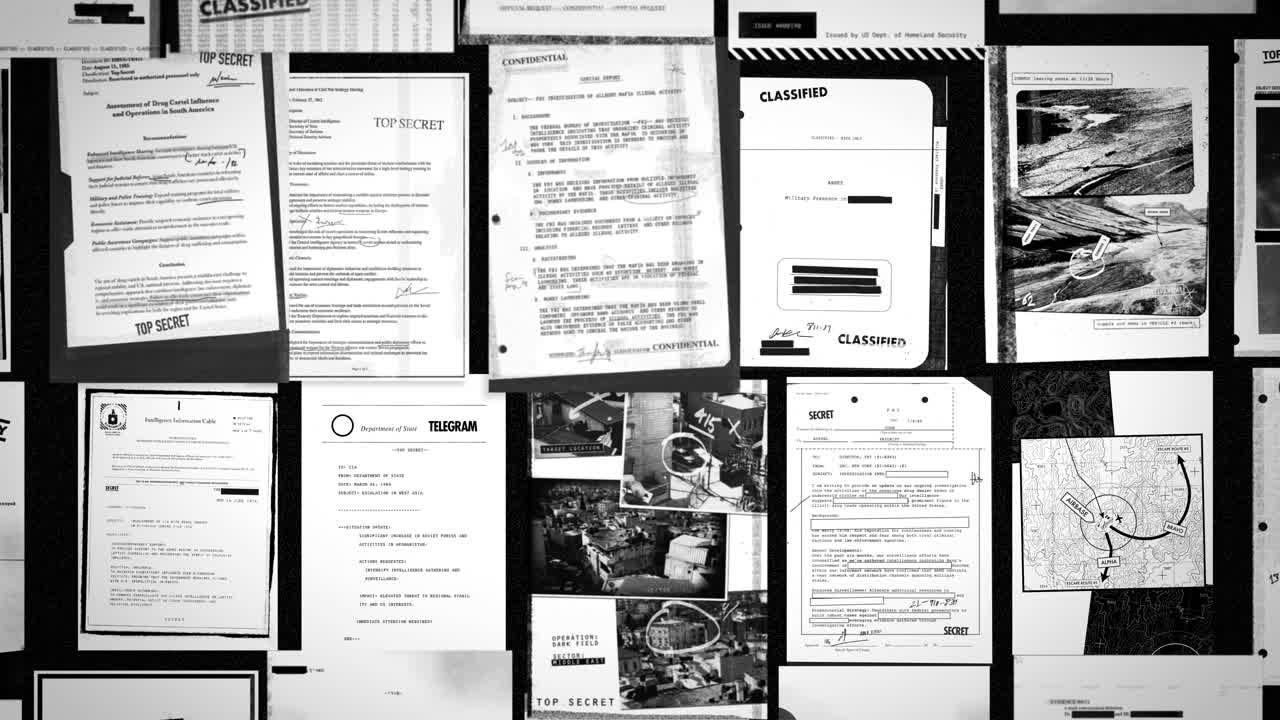 Zoom out move showing many different classified looking documents and top secret looking files and information and photos. Government agency or leaked declassified. Censored black lines and text