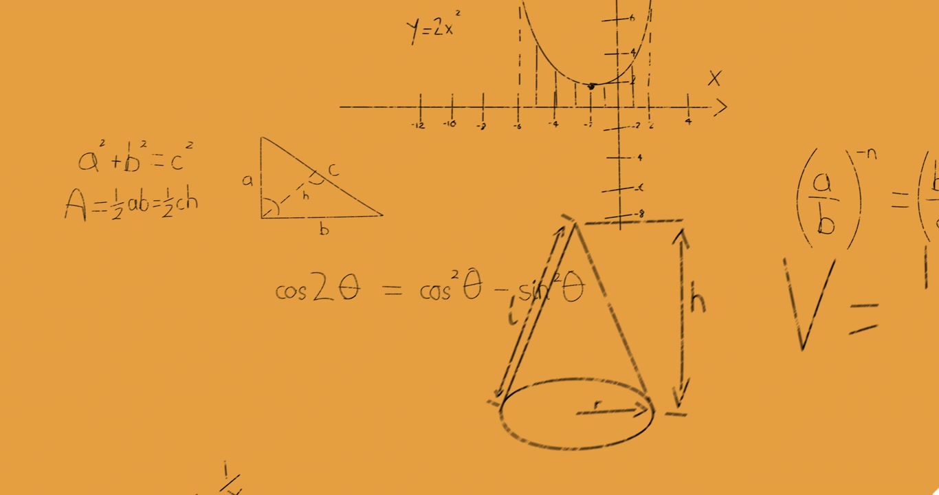 Animation of mathematical equations and formulas floating against orange background