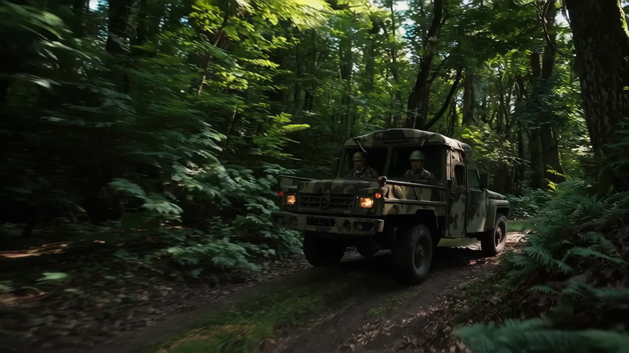 Military vehicle driving through a forest