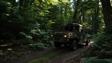 military vehicle driving through a forest