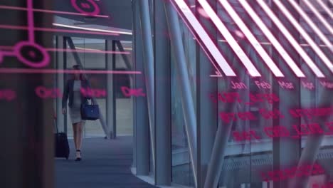animation of graphs and data over diverse businesspeople with luggage