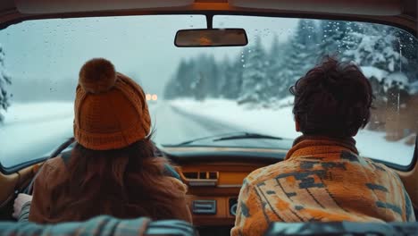 a man and a woman sitting in the back seat of a car looking out the window