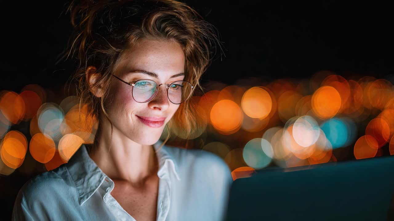 A Young Woman Engrossed in her Laptop at Night, Illuminated by City Lights, Expressing Curiosity and Engagement in a Digital World