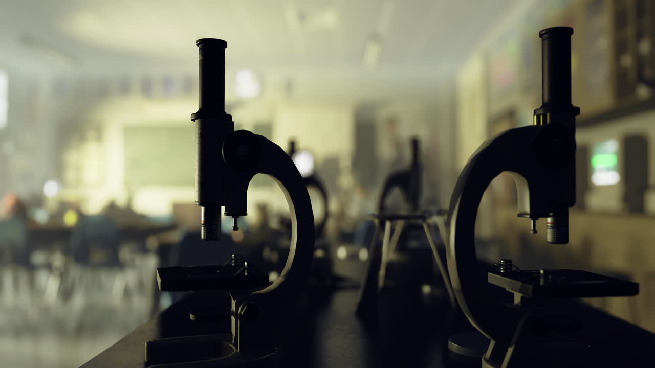 Microscopes in a classroom setting during a science lesson in afternoon light