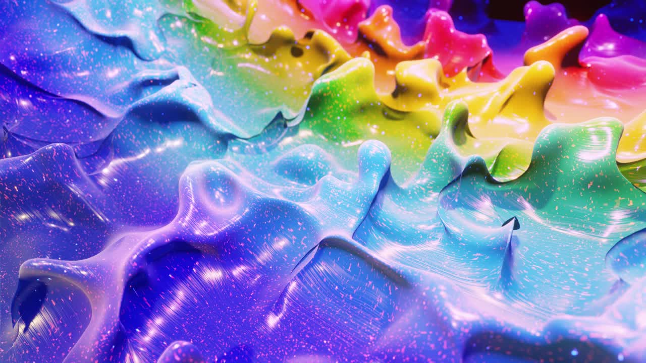 animación abstracta suave de color arco iris de gradiente líquido en 4k. superficie de pintura brillante brillante como fondo festivo en bucle abstracto. brilla en líquido viscoso con salpicaduras 3d en la superficie como gotas.