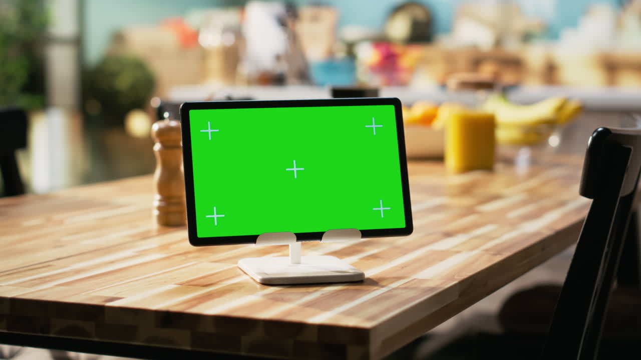 Chroma key display on tablet placed on dining table in rustic empty kitchen