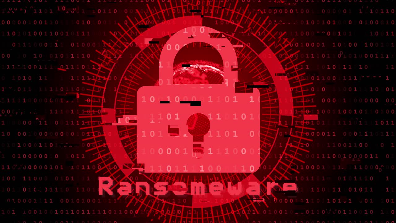 Ransomware technology red background with binary code animation cyber attack and concept malware