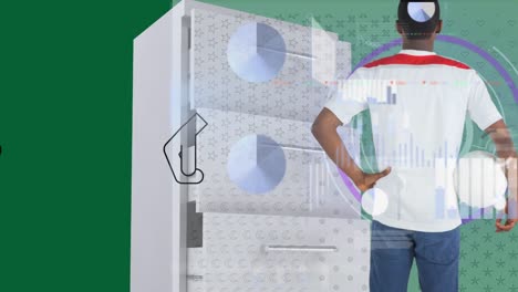 Animation-of-data-processing-over-african-american-man-and-cabinet-on-green-background