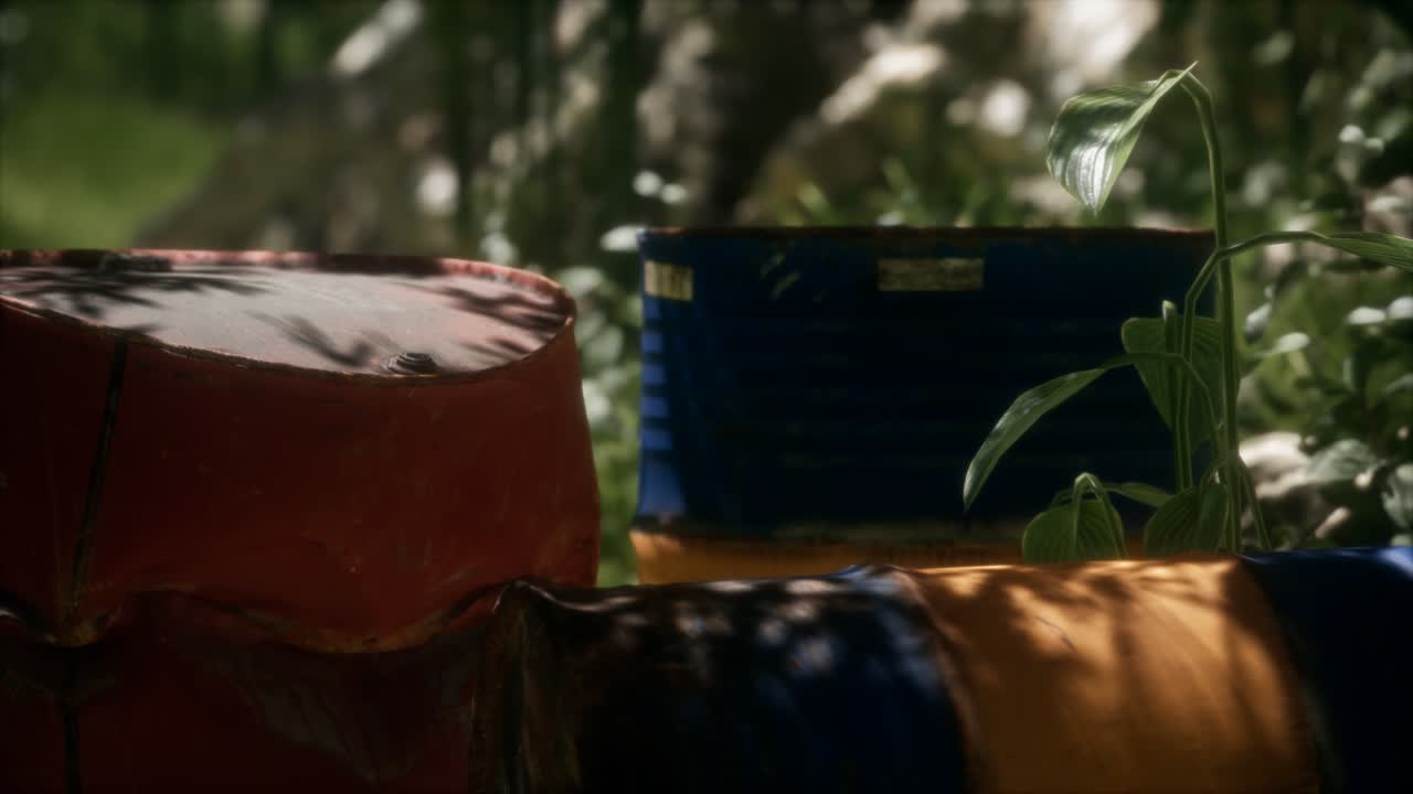 녹색 숲 속 의 녹슬은 통 들